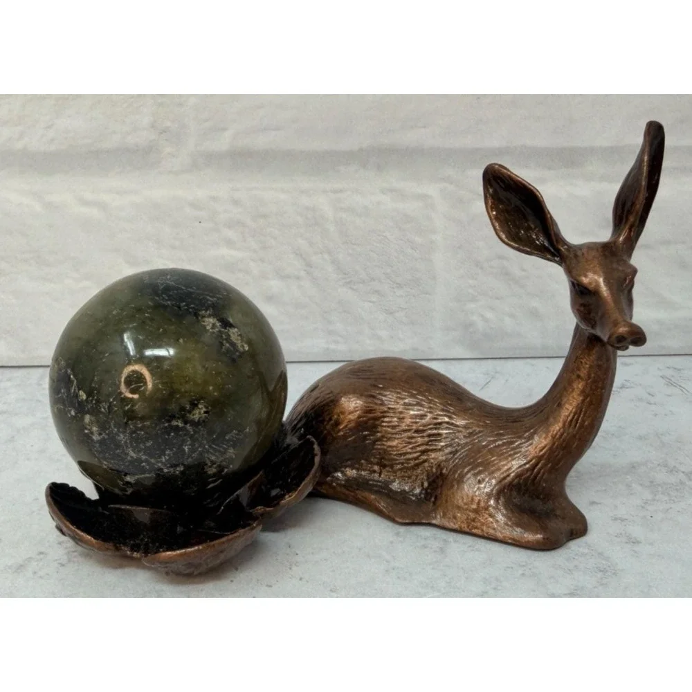 Bronze Deer Sphere Stand Small Crystal Ball Holder Spirit Animal Doe Altar Decor